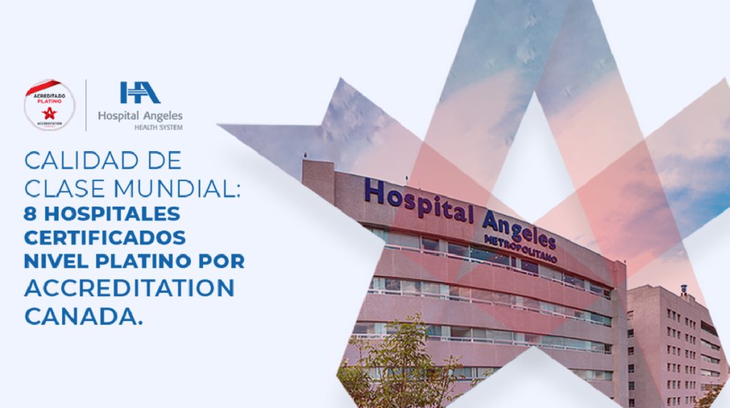 Fachada de Hospital Angeles Metropolitano con la insignia de Accreditation Canada, que garantiza su excelencia internacional en servicios médicos.